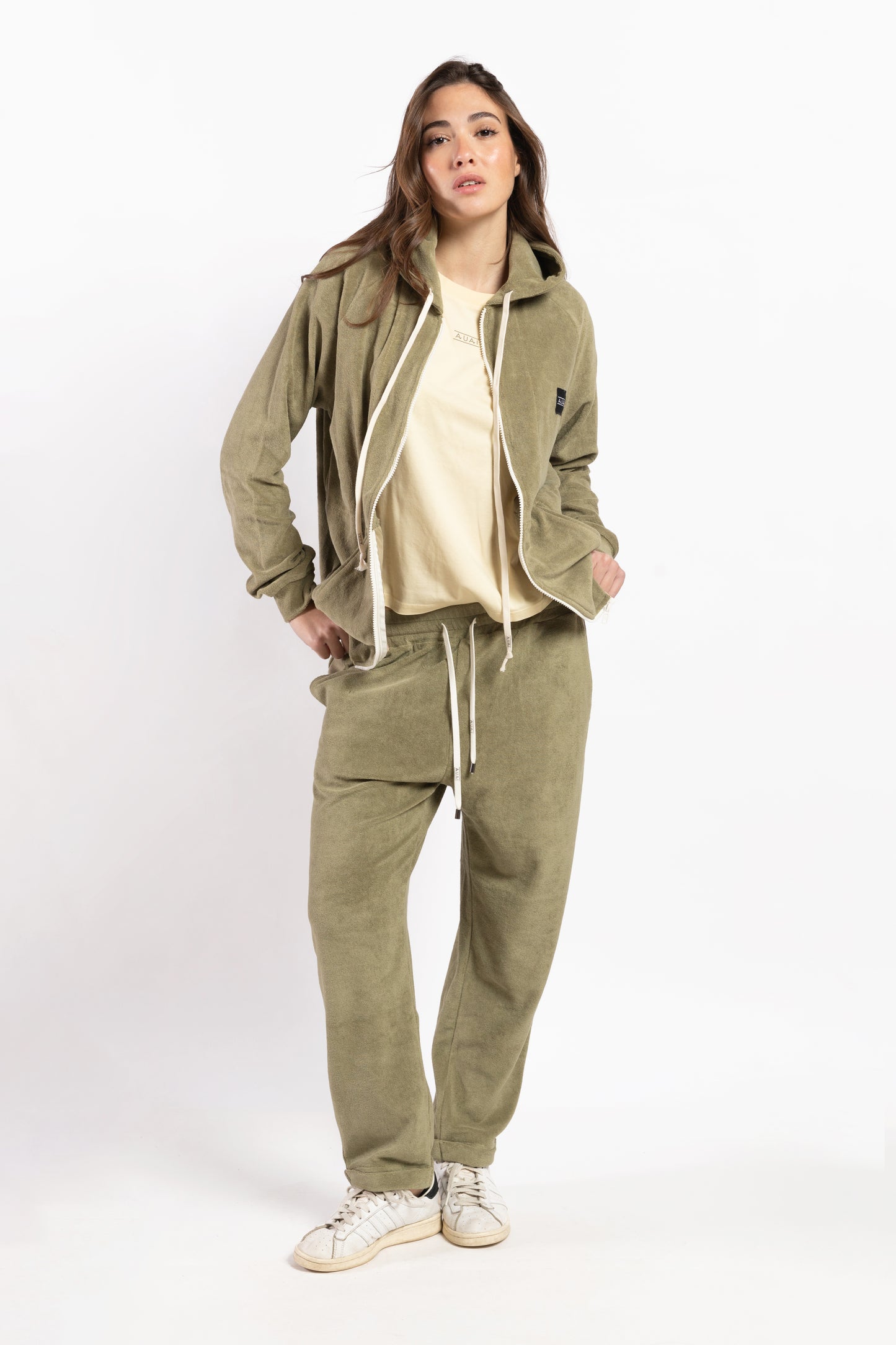 Felpa in Spugna con Cappuccio e Zip Verde
