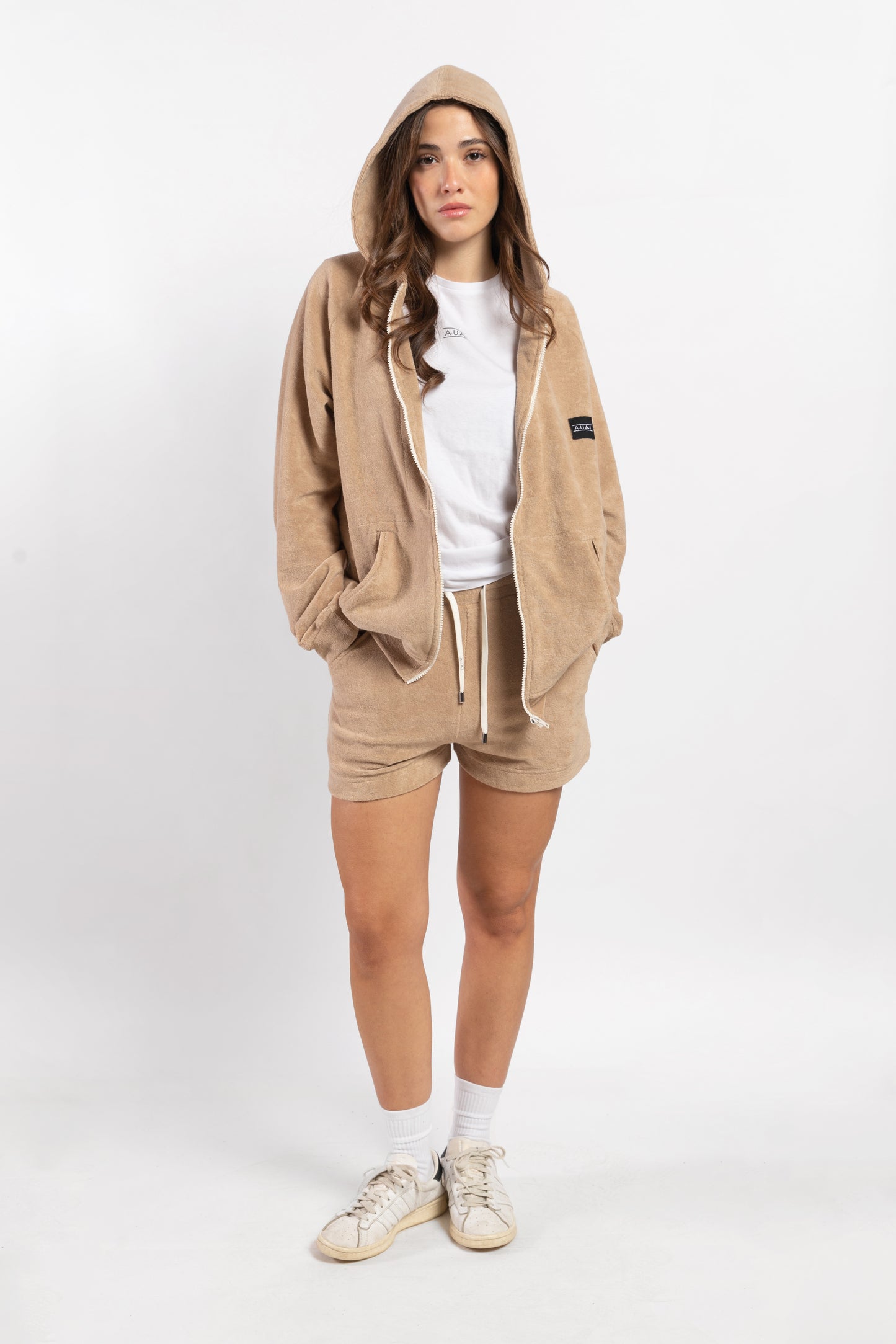 Felpa in Spugna con Cappuccio e Zip Beige