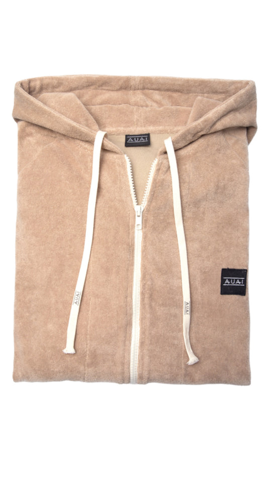 Felpa in Spugna con Cappuccio e Zip Beige