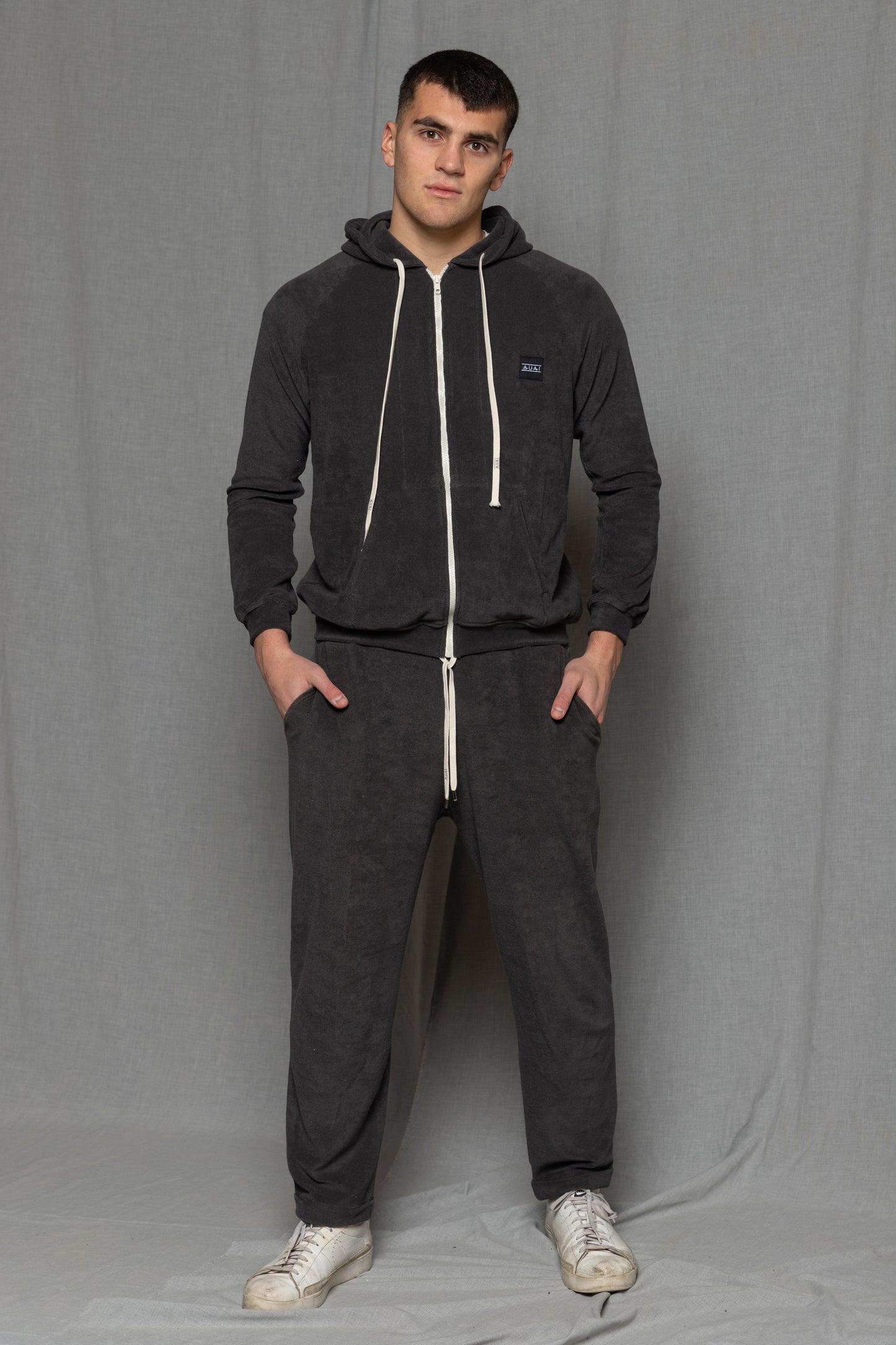 Felpa in Spugna con Cappuccio e Zip Antracite