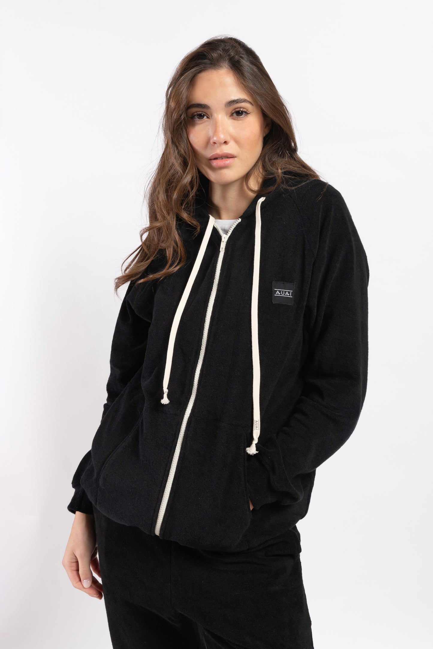 Felpa in Spugna con Cappuccio e Zip Nero